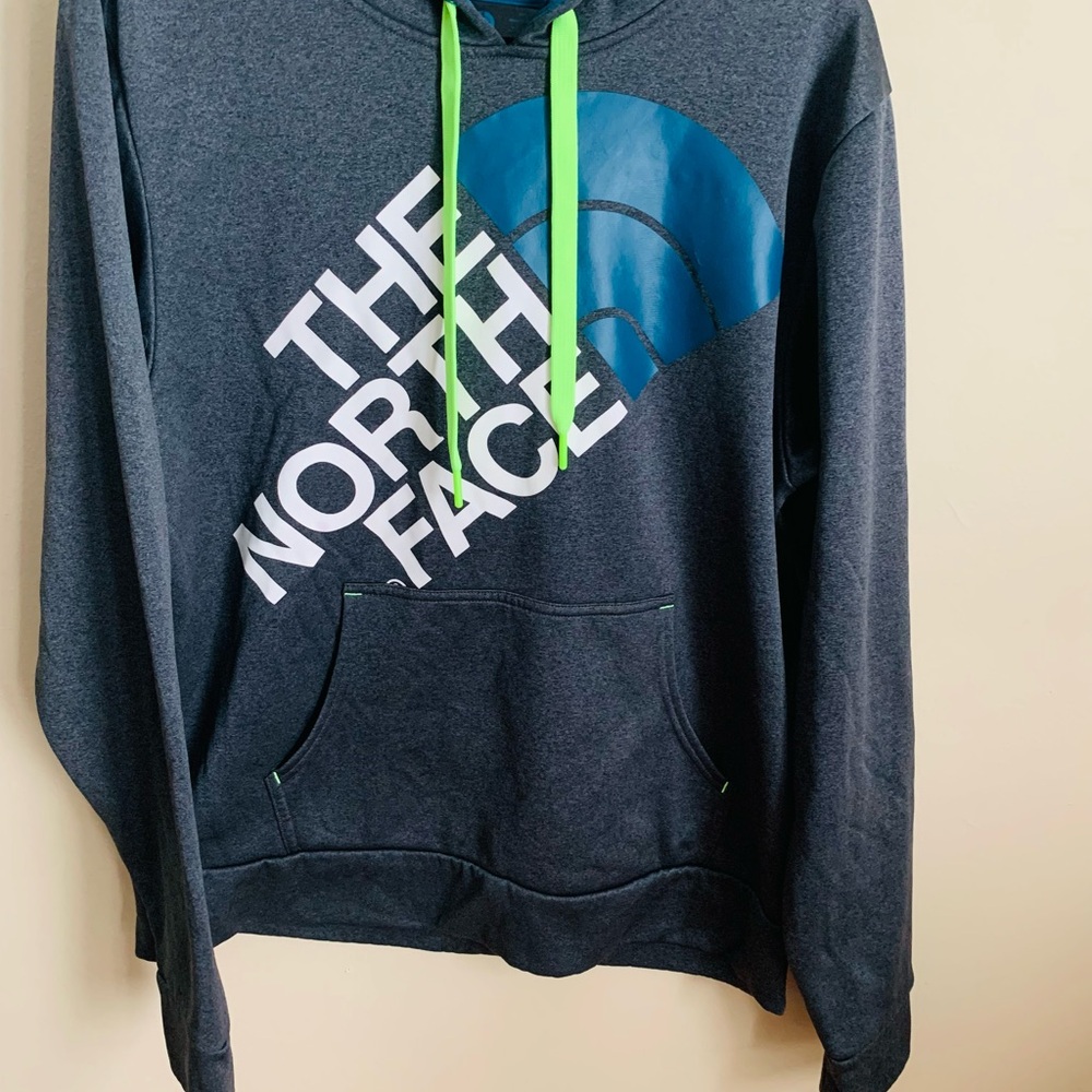 The North Face Men's Dark Gray Hoodie with Blue and Green Accents
